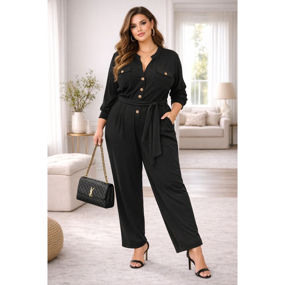 Wms Plus Utility Jumpsuit 20 Black Belted Button Front Chic Eloquii Elements